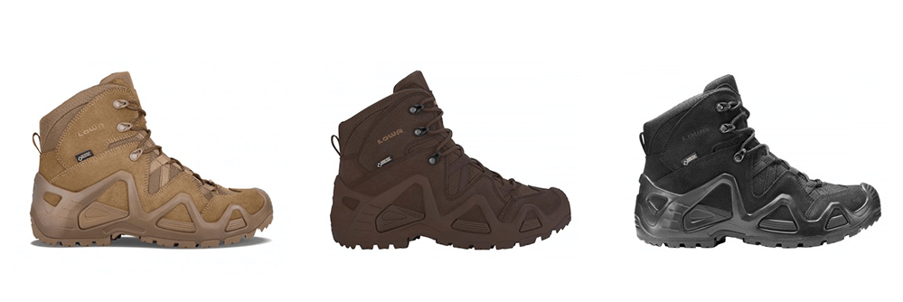 3 LOWA Zephyr Military boots in Coyote OP, Brown, and Black
